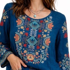 Johnny Was C28221-9 Teal Embroidered Cupra Rayon Boho Tunic Top Small